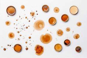 Coffee stains and splashes on a white background. photo