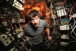 A man stands in front of an electrical installation completely clueless.AI generative photo