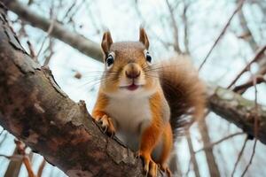 Close up of squirrel on branch looking for a nut. photo