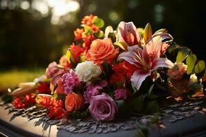 A grave with beautiful flowers on it. photo