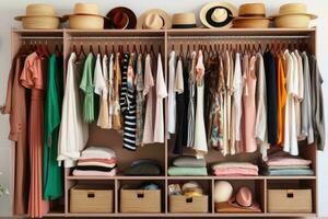 An open modern closet of a female with some clothes. photo