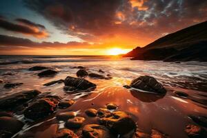 hermosa puesta de sol a un playa paisaje mirando me gusta lanacombe. foto