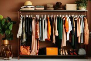 un abierto moderno armario de un hembra con algunos ropa. foto