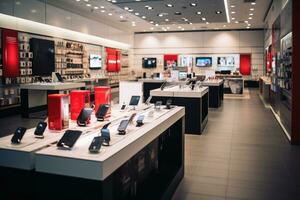 A modern smartphone shop with many different new phones.AI generative photo