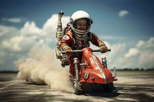 Photo realistic kid astronaut playing on a toy rocket.AI generative