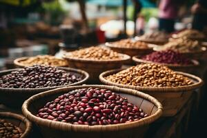 Roasted coffee beans at a market stall. AI Generated photo