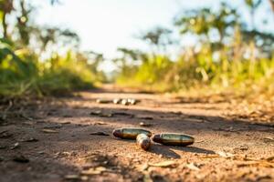 Many empty cartridge cases on the ground. photo