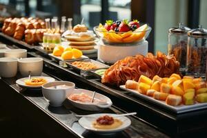 un sabroso desayuno buffet en un hotel. foto