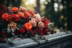 A grave with beautiful flowers on it. photo