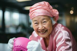 Older woman ready to fight against breast cancer. Generative AI photo