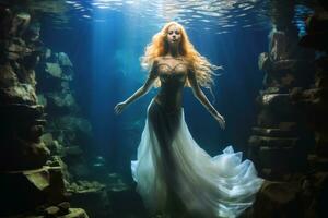 Full body shot of a mermaid underwater.AI generative photo