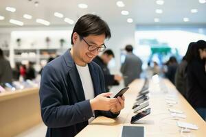 Customer in a smartphone shop trying the latest model.AI generative photo