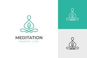 Meditation yoga simple line logo design with meditating in sitting yoga position design illustration vector