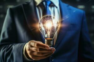 A person having and idea concept with a lightbulb.AI generative photo