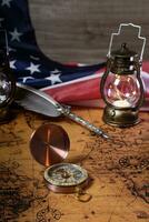 Happy Columbus Day. Vintage American flag over retro treasure manuscript. photo