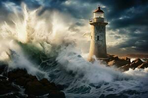 Big ocean waves crashing into the rocks at a lighthouse. photo