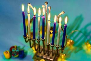 Traditional Hanukkah decoration with candles. photo