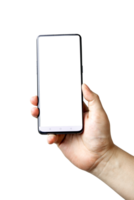 Male hand holding smartphone with blank screen isolated on background. With space to copy and design advertising or public relations. png