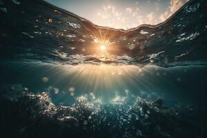 A vast ocean with sparkling sunbeams. AI Generated photo