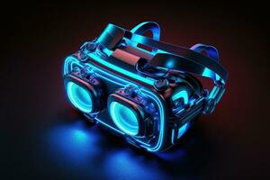 Futuristic virtual reality glasses with neon light. AI Generated photo