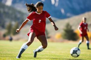 un hembra fútbol jugador pateando el bola.ai generativo foto