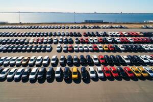 Aerial view of many new cars at a port.AI generative photo