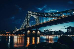 un bajo ángulo disparo nocturno de un puente con un horizonte en el fondo.ai generativo foto