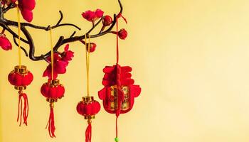 Asian red lanterns in lantern festival on yellow background. photo