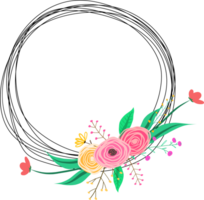 Doodle botanical circle frame on transparent background. png