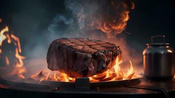 Ai generative, meat steak grill on fire image, photo
