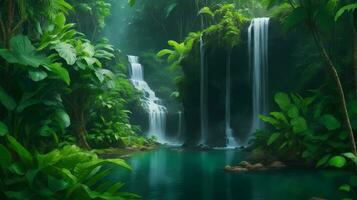 Ai generative, waterfall in the tropical jungle panorama photo