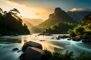 Ai generative, beautiful tropical panorama with mountain and river photo