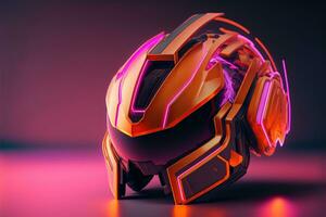 Futuristic VR helmet with neon light. AI Generated photo