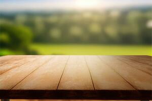 Empty wooden table at park. AI Generated photo