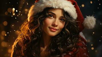 Young beautiful woman in festive santa claus hat for new year and christmas photo