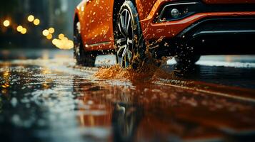 coche rueda con nuevo llantas durante lluvia en un mojado la carretera con charcos foto