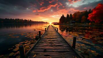 Small beautiful wooden forest pier in a river or lake at sunset photo