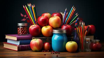 libros libros de texto cuadernos lapices y plumas con manzanas para estudiando y aprendizaje en el superficie de el colegio mesa foto