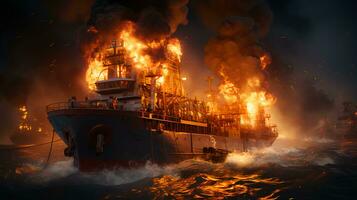 Large burning cargo ship tanker carrying oil in the sea or ocean photo