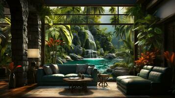 Relaxation room with armchairs and sofas against the backdrop of the jungle and tropical forest photo