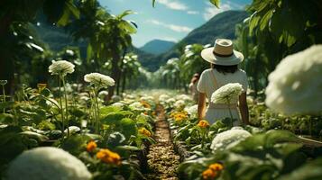 Beautiful young woman in a field with green plants, view from the back. Concept farming natural eco environmentally friendly products photo