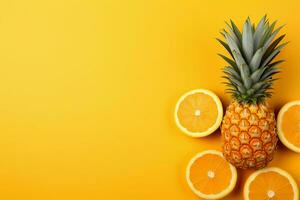 Vibrant pineapple with leaves on a yellow background, perfect copy space AI Generated photo