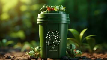 Green trash can for recycling waste. The concept of ecology and separate waste collection photo