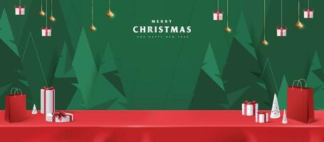 Merry Christmas banner red tablecloth product display with copy space and gift box decorate christmas tree abstract background vector