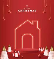 Merry Christmas banner home icon with neon flex and product display cylindrical shape vector