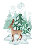 Watercolor illustration of a deer against the backdrop of a winter forest with fir trees. png