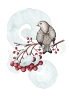 Watercolor illustration of a bird on a rowan branch with snow. png