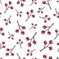 Seamless pattern with red berries, rowan branches, hand-drawn in watercolor. png