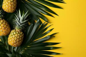 Tropical composition pineapple, palm, monstera leaves, yellow table, top view AI Generated photo