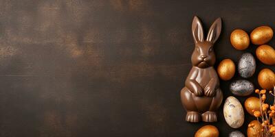 Flat lay Easter composition with colored and chocolate eggs. photo